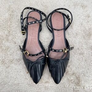 Vicenza Black Leather Pointed Toe Ankle Strap Flats Bow Detail Size 10‎